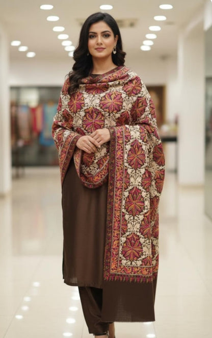 Kashmiri Pashmina Shawl - Aari Work on Brown Base | Diamond Jaal Design