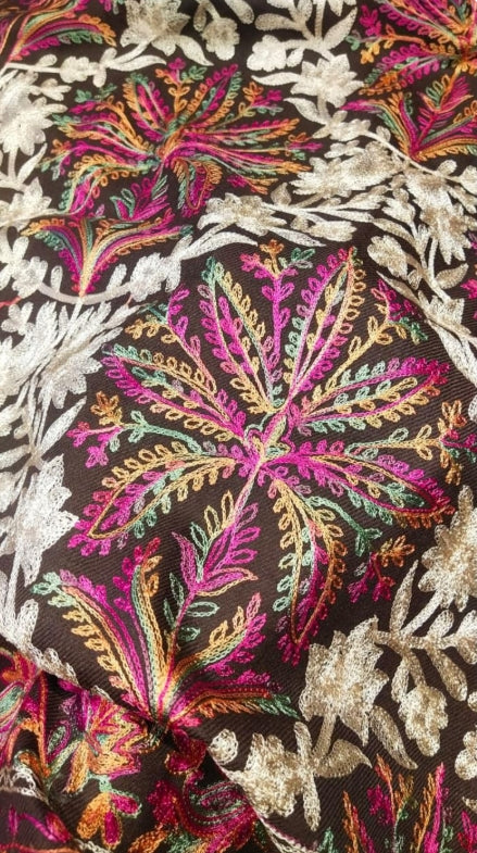 Kashmiri Pashmina Shawl - Aari Work on Brown Base | Diamond Jaal Design