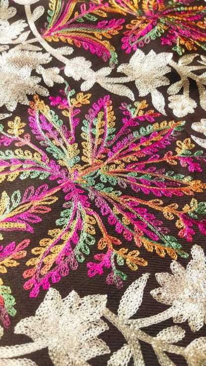 Kashmiri Pashmina Shawl - Aari Work on Brown Base | Diamond Jaal Design