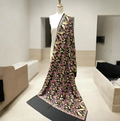 Elegant Black Pashmina Shawl with Multicolor Aari Embroidery