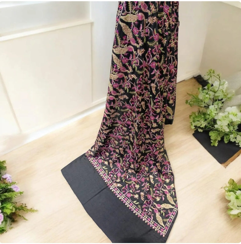 Elegant Black Pashmina Shawl with Multicolor Aari Embroidery