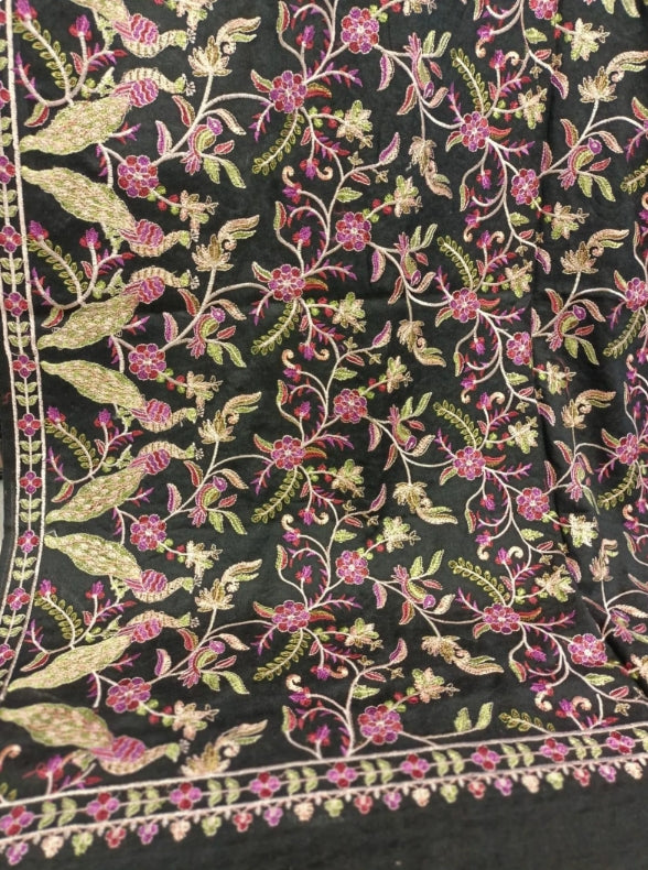 Elegant Black Pashmina Shawl with Multicolor Aari Embroidery