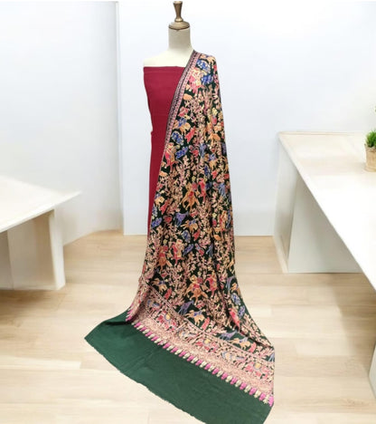 Handcrafted Pashmina Shawl with Multicolor Animal Embroidery Deep Green
