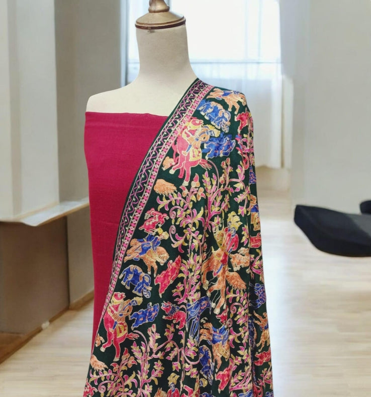 Handcrafted Pashmina Shawl with Multicolor Animal Embroidery Deep Green