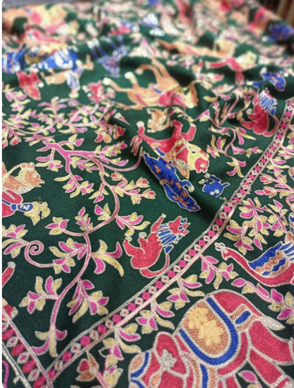 Handcrafted Pashmina Shawl with Multicolor Animal Embroidery Deep Green