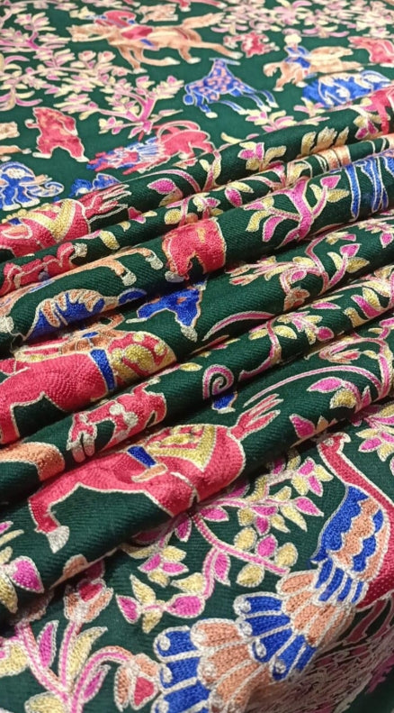 Handcrafted Pashmina Shawl with Multicolor Animal Embroidery Deep Green