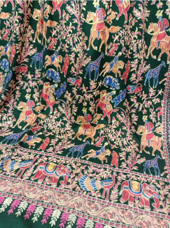Handcrafted Pashmina Shawl with Multicolor Animal Embroidery Deep Green