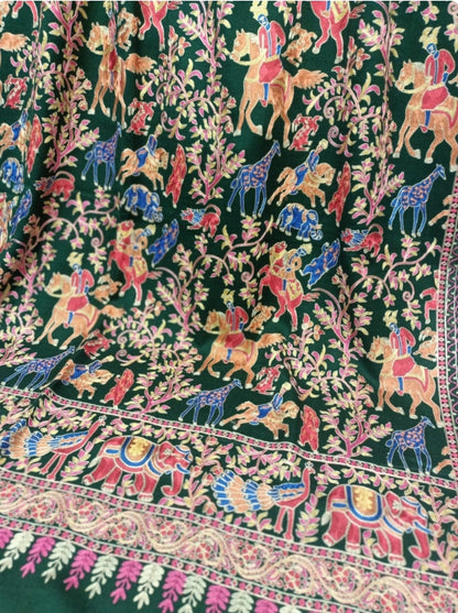 Handcrafted Pashmina Shawl with Multicolor Animal Embroidery Deep Green