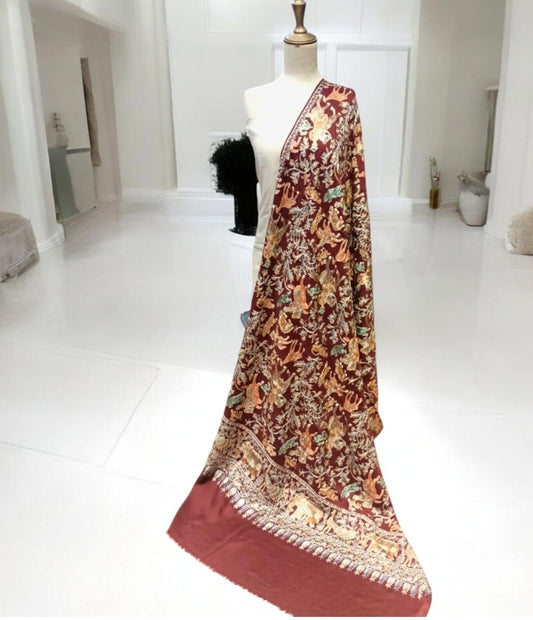 Handcrafted Pashmina Shawl with Royal Embroidery  Chocolate Brown