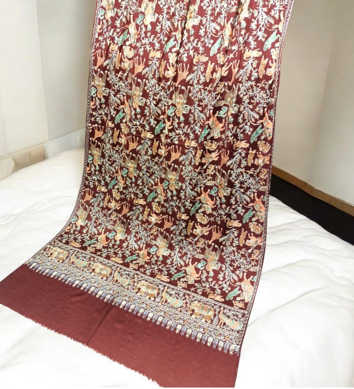 Handcrafted Pashmina Shawl with Royal Embroidery  Chocolate Brown