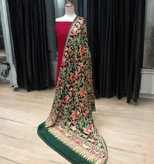 Regal Green Pashmina Shawl with Multicolor Aari Embroidery