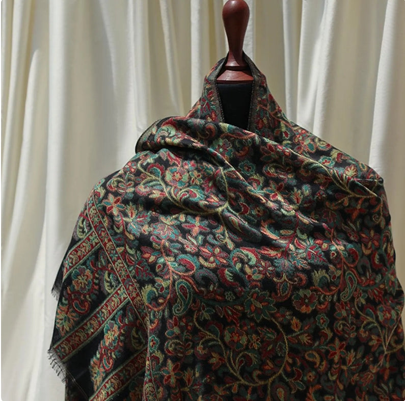 Black base Kaani woven scarf with floral paisley motifs – lightweight artisan wrap perfect for gifting, special occasions, or casual charm