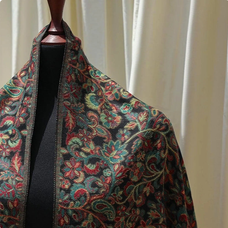 Black base Kaani woven scarf with floral paisley motifs – lightweight artisan wrap perfect for gifting, special occasions, or casual charm