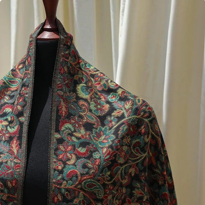 Black base Kaani woven scarf with floral paisley motifs – lightweight artisan wrap perfect for gifting, special occasions, or casual charm