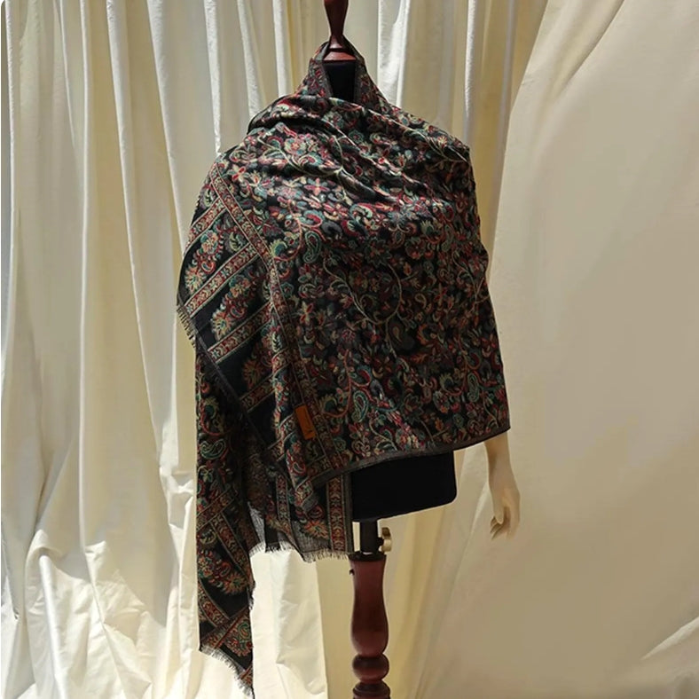 Black base Kaani woven scarf with floral paisley motifs – lightweight artisan wrap perfect for gifting, special occasions, or casual charm