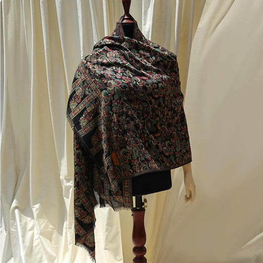 Black base Kaani woven scarf with floral paisley motifs – lightweight artisan wrap perfect for gifting, special occasions, or casual charm
