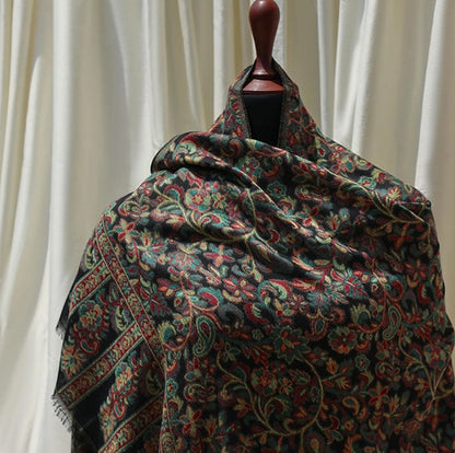 Black base Kaani woven scarf with floral paisley motifs – lightweight artisan wrap perfect for gifting, special occasions, or casual charm