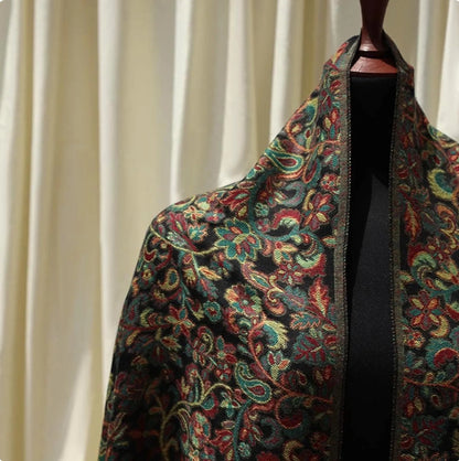 Black base Kaani woven scarf with floral paisley motifs – lightweight artisan wrap perfect for gifting, special occasions, or casual charm