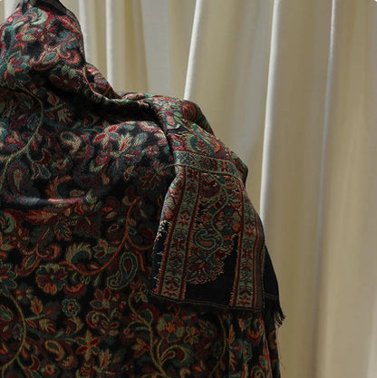 Black base Kaani woven scarf with floral paisley motifs – lightweight artisan wrap perfect for gifting, special occasions, or casual charm