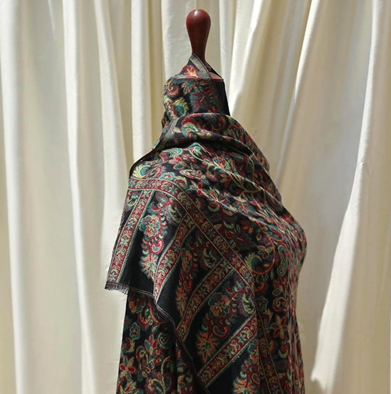Black base Kaani woven scarf with floral paisley motifs – lightweight artisan wrap perfect for gifting, special occasions, or casual charm