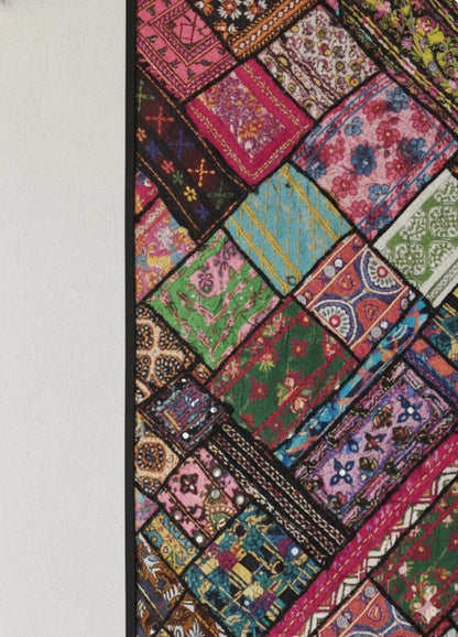 Vibrant Indian Patchwork Wall Hanging Tapestry - Bohemian Ralli Quilt Style Textile Art - Boho Home Decor