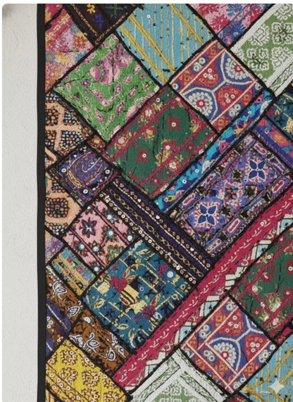 Vibrant Indian Patchwork Wall Hanging Tapestry - Bohemian Ralli Quilt Style Textile Art - Boho Home Decor