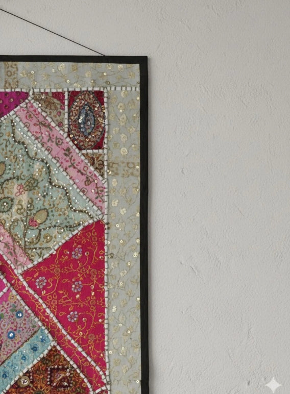 Vintage Kutch Indian Patchwork Tapestry | Hand Embroidered Boho Textile Art