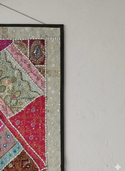 Vintage Kutch Indian Patchwork Tapestry | Hand Embroidered Boho Textile Art