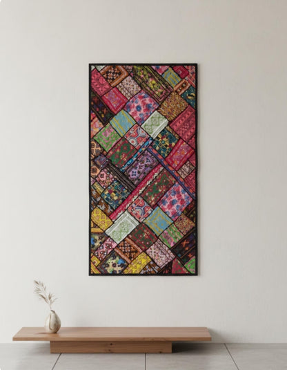 Vibrant Indian Patchwork Wall Hanging Tapestry - Bohemian Ralli Quilt Style Textile Art - Boho Home Decor