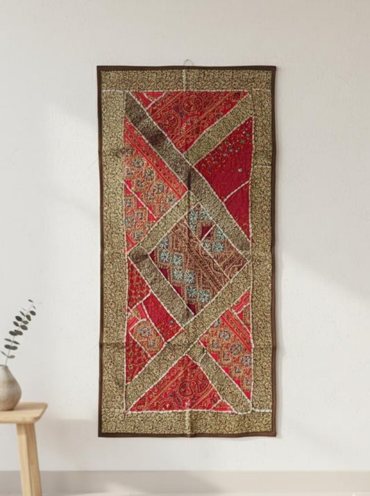 Vintage Kutch Indian Patchwork Tapestry | Red & Gold Embroidered Textile Art