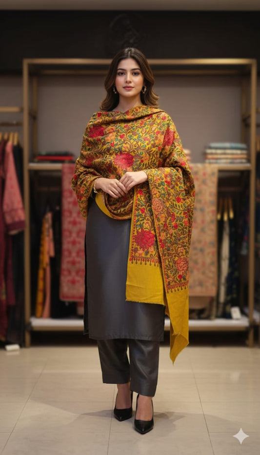 Golden Mustard Pashmina Aari Embroidered Shawl