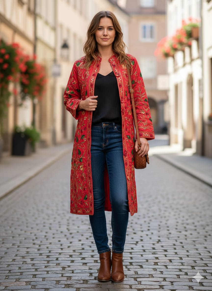 Artisan-Crafted Kashmiri Aari Embroidered Jacket - Red Floral Statement Coat