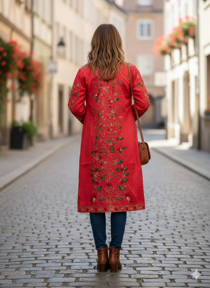 Artisan-Crafted Kashmiri Aari Embroidered Jacket - Red Floral Statement Coat