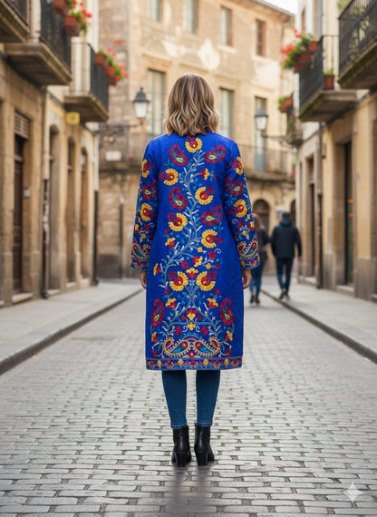 Vibrant Blue Silk Embroidered Kantha Jacket | Long Bohemian Kimono Coat | | Unique Festival Wear