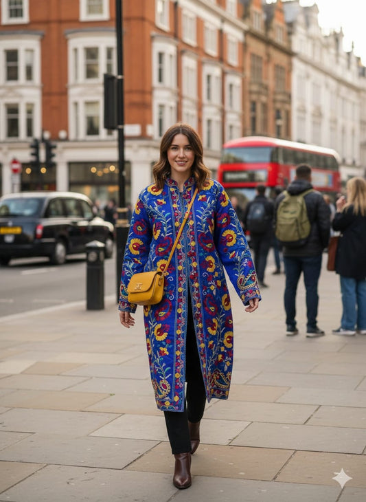 Vibrant Blue Silk Embroidered Kantha Jacket | Long Bohemian Kimono Coat | | Unique Festival Wear