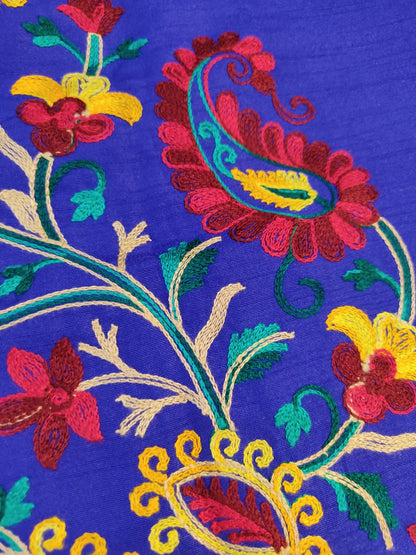 Vibrant Blue Silk Embroidered Kantha Jacket | Long Bohemian Kimono Coat | | Unique Festival Wear