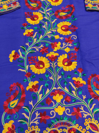 Vibrant Blue Silk Embroidered Kantha Jacket | Long Bohemian Kimono Coat | | Unique Festival Wear