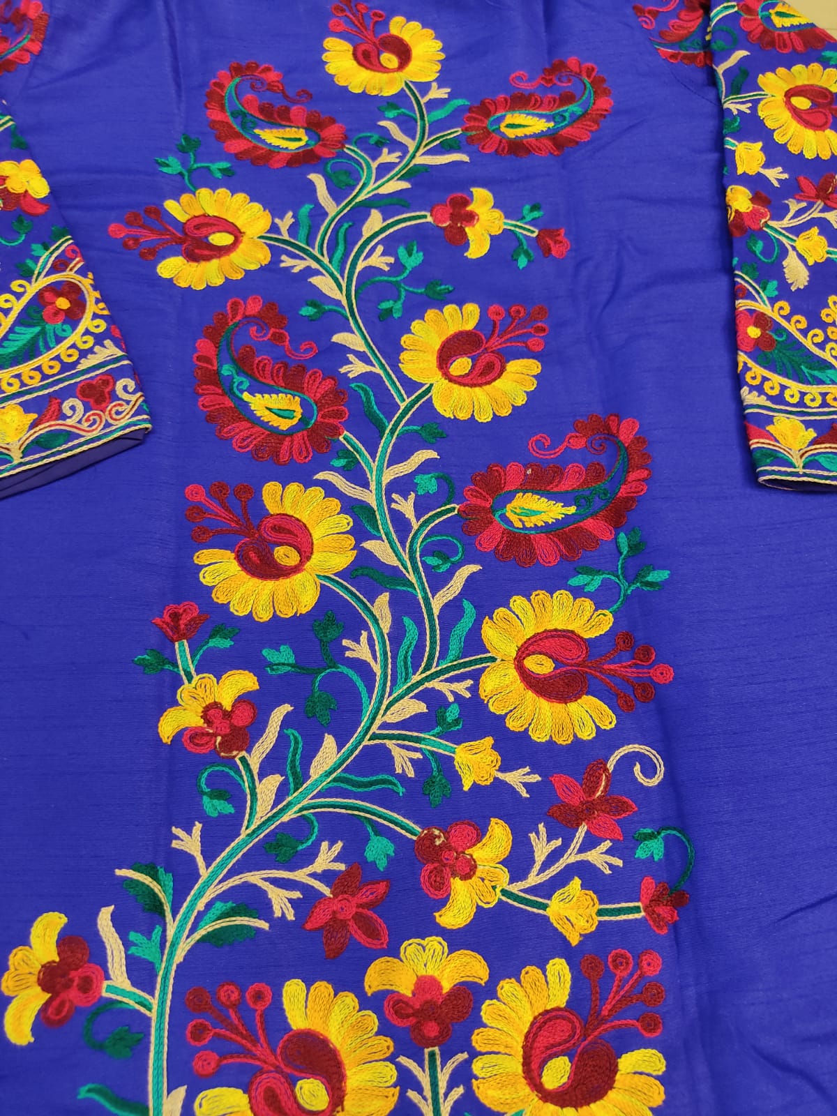 Vibrant Blue Silk Embroidered Kantha Jacket | Long Bohemian Kimono Coat | | Unique Festival Wear