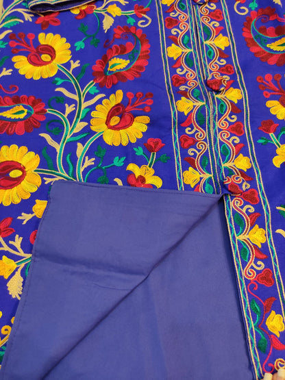 Vibrant Blue Silk Embroidered Kantha Jacket | Long Bohemian Kimono Coat | | Unique Festival Wear