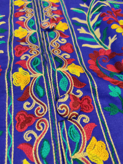 Vibrant Blue Silk Embroidered Kantha Jacket | Long Bohemian Kimono Coat | | Unique Festival Wear