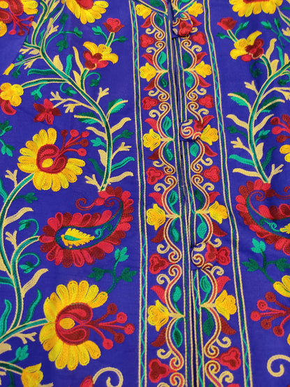 Vibrant Blue Silk Embroidered Kantha Jacket | Long Bohemian Kimono Coat | | Unique Festival Wear