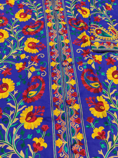 Vibrant Blue Silk Embroidered Kantha Jacket | Long Bohemian Kimono Coat | | Unique Festival Wear