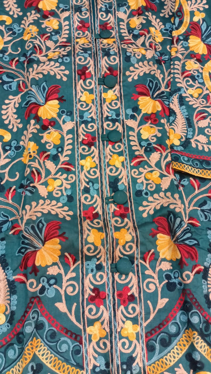 Vibrant Blue Silk Embroidered Kantha Jacket | Long Bohemian Kimono Coat | | Unique Festival Wear