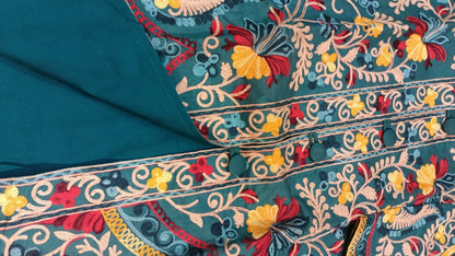 Vibrant Blue Silk Embroidered Kantha Jacket | Long Bohemian Kimono Coat | | Unique Festival Wear