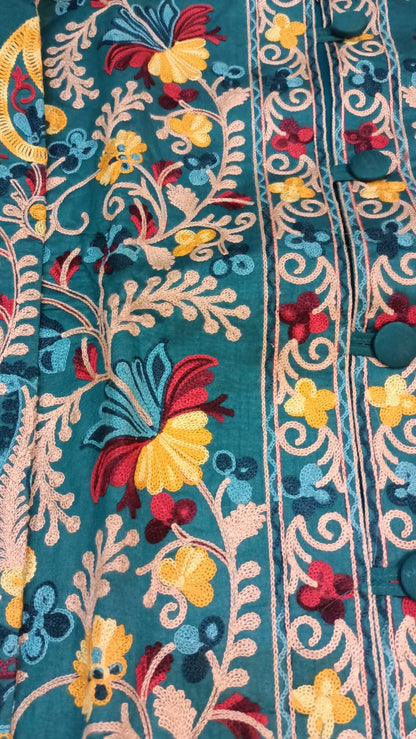 Vibrant Blue Silk Embroidered Kantha Jacket | Long Bohemian Kimono Coat | | Unique Festival Wear