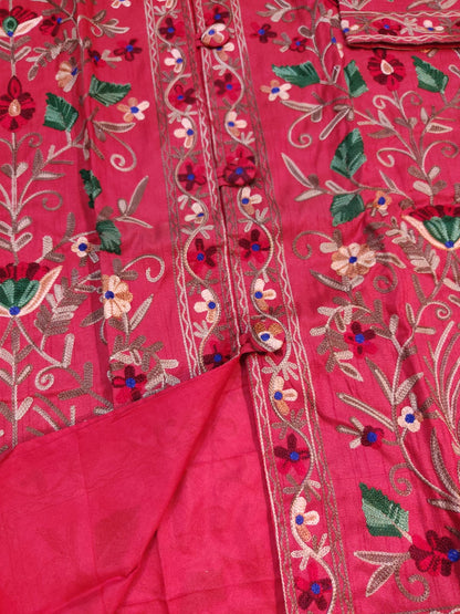 Artisan-Crafted Kashmiri Aari Embroidered Jacket - Red Floral Statement Coat