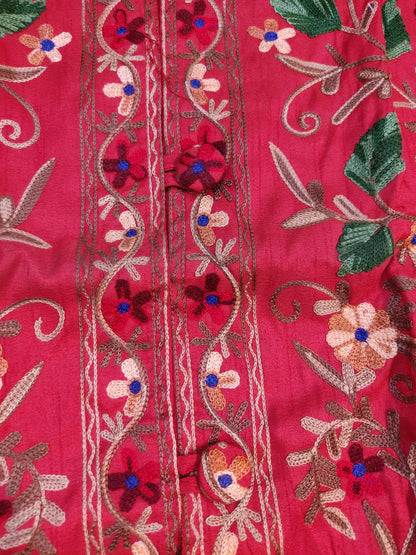Artisan-Crafted Kashmiri Aari Embroidered Jacket - Red Floral Statement Coat