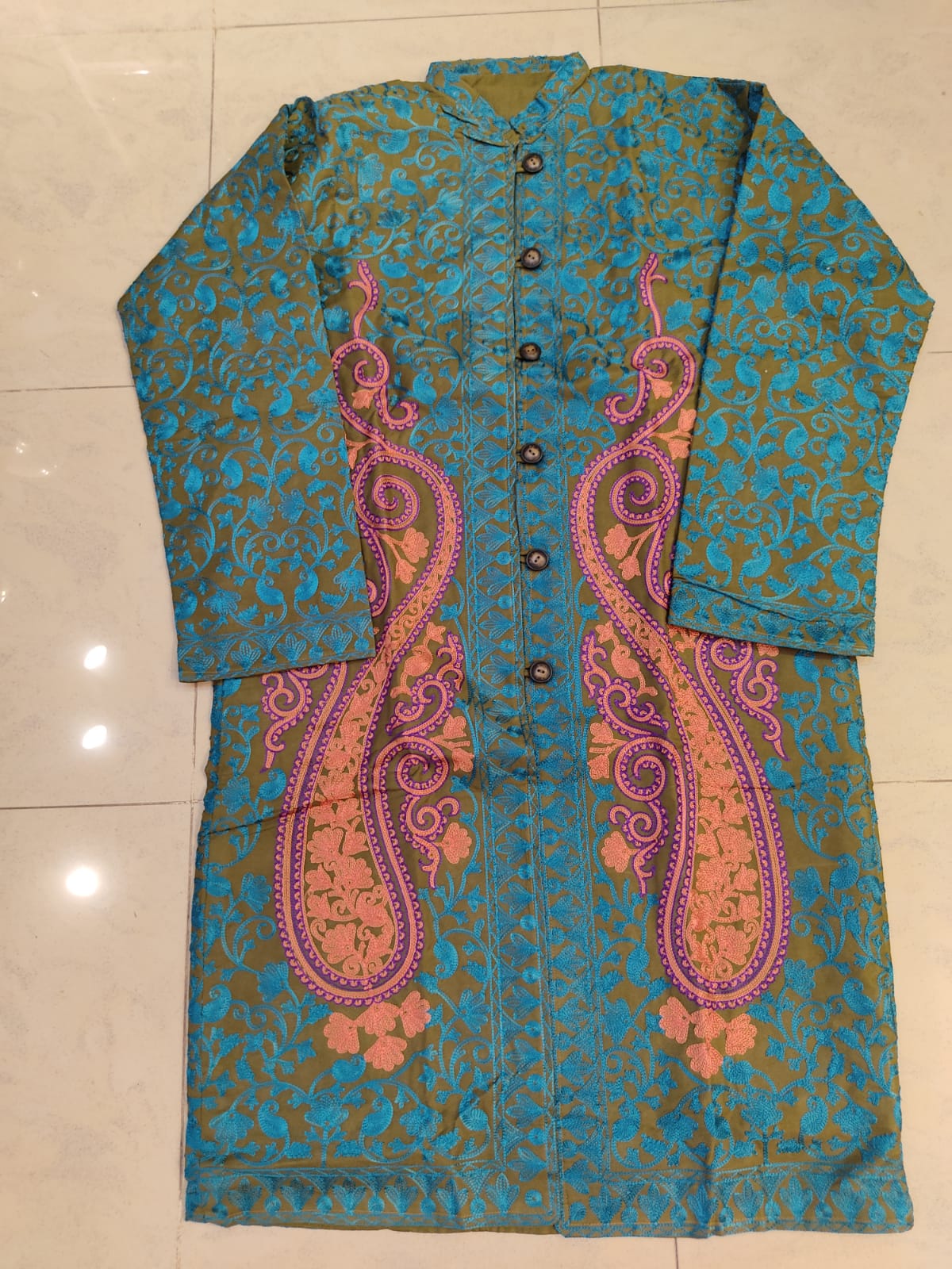 Teal and Pink Longline Coat - Formal Winter Jacket - Unique Dress Coat - Modest Collar Jacket