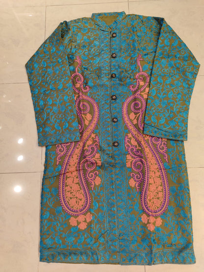 Teal and Pink Longline Coat - Formal Winter Jacket - Unique Dress Coat - Modest Collar Jacket