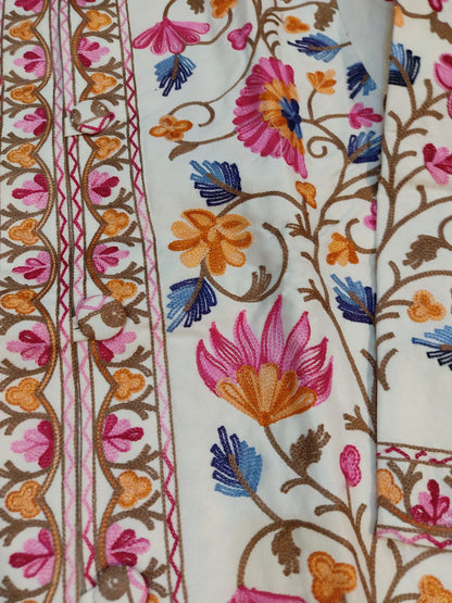 Authentic Kashmiri Embroidered Coat | Pink & Yellow Floral Aari Work Suzani Style Jacket | Artisan Bohemian Outerwear